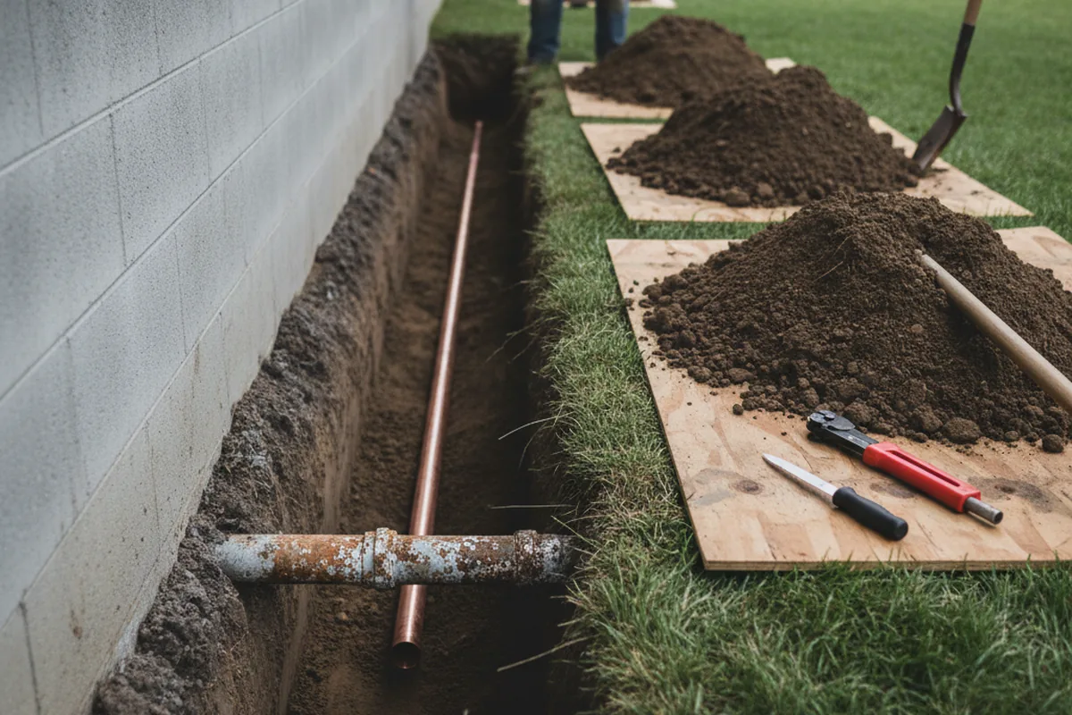 Excavated water line trench during Water Softener Installation in Everett